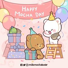 a happy mocha day greeting card with a teddy bear and gift boxes on a pink background