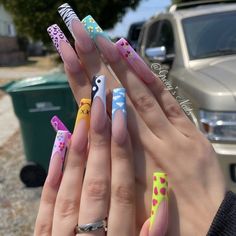 Hand Painted French Tip Nails, Each Nail Different Design, Different Nail Designs On Each Nail, Dope Nail Designs Swag, Rave Nails Designs, Random Nail Designs, Different Design On Each Nail, Lsd Nails, Unique Nail Designs Summer