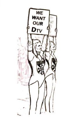 a drawing of two women holding up a sign that says we want our div