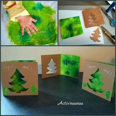 handmade christmas cards made with green watercolors and pine trees on brown paper