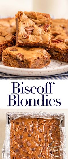 a close up of food on a plate with the words biscoff blondies