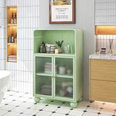 a green cabinet in the corner of a bathroom with white tiles on the floor and walls