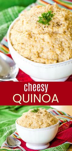 a bowl filled with cheese quinoa on top of a red and green table cloth