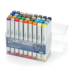 a set of six markers with different colors in each one container and the other two are empty