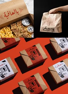 several different types of food in boxes on a red surface and an image of a person holding a paper bag