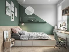 a bedroom with green and white walls, a bed in the foreground and a desk on the other side