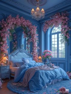 a bedroom decorated in blue with pink flowers and chandelier above the headboard