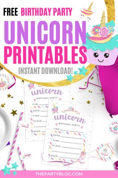 unicorn birthday party printables for kids and adults with the text free, unicorn printable