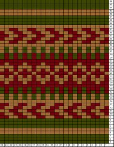 a cross stitch pattern in red, green and brown colors with squares on the bottom