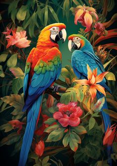 two colorful parrots sitting on top of a tree branch next to red and yellow flowers