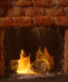 a brick fireplace with fire burning in it's center and yellow flames coming out