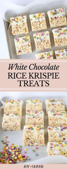 white chocolate rice krispie treats with sprinkles in the middle and on top