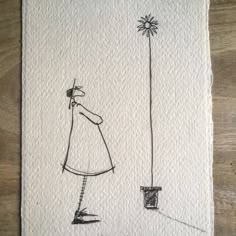 a drawing of a woman standing next to a pole with a star on it's head