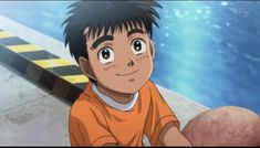 an animated image of a young boy sitting on the ground next to a swimming pool