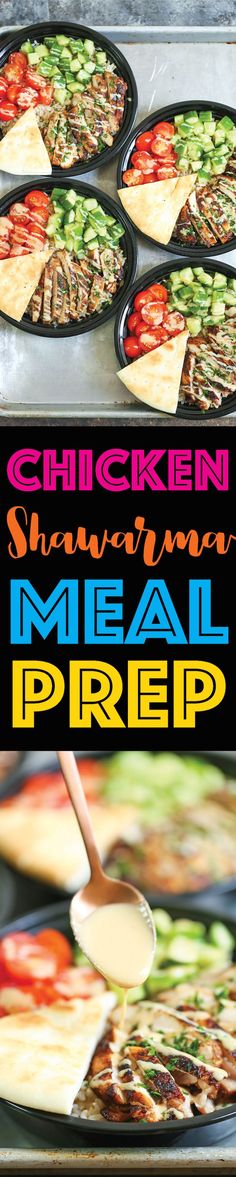 the meal is prepared and ready to be cooked in the oven, with text overlay that reads chicken shawr meal prep