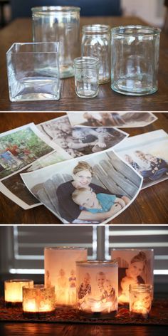 some candles and pictures are sitting on a table with glass jars in front of them