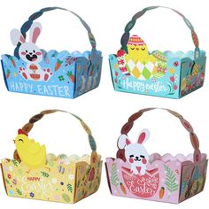 three easter baskets with bunny, chick and chicken designs on the front one has happy easter written on it