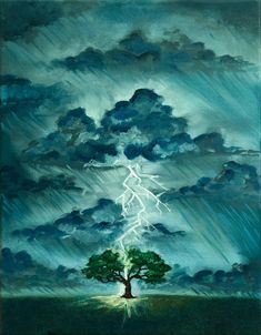 a painting of a tree with lightning in the background