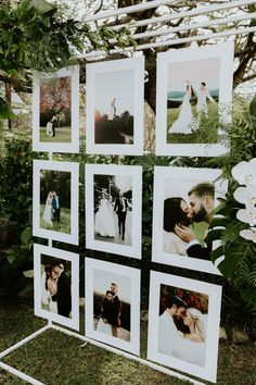 wedding photos are hung on the wall in an outdoor area with flowers and greenery