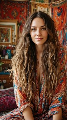 Embrace your inner free spirit with Boho chic style, featuring tousled waves and relaxed side bangs. This laid-back approach is perfect for side bangs long hair wavy and side bangs long hair side part, providing a casual yet fashionable look that's easy to maintain. Wavy Boho Hair, Long Side Bangs Curly Hair, 70s Boho Hair, Boho Hair With Bangs, Long Hair Length, Bangs Long Hair Wavy, Boho Waves Hair, Wavy Hair Cuts Long, Long Haircut For Wavy Hair