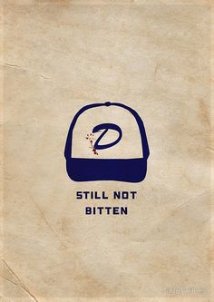 a hat with the word still not bitten written on it, in blue and white