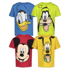 three mickey mouse t - shirts in different colors