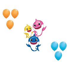 three balloons and two shark balloons on a white background