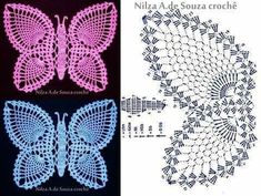 two pictures with crocheted butterflies and the same pattern on one side, in different colors