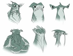 some drawings of different types of creature heads and body shapes, all in green tones