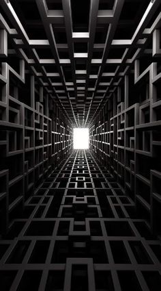 an abstract black and white photo with the light at the end of the tunnel in the center