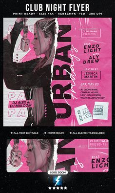 the flyer for an event is shown with pink and black graphics, including a woman holding a