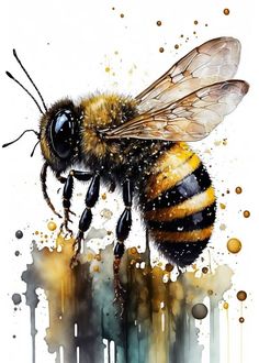 a painting of a bee sitting on top of a piece of paper with watercolor paint