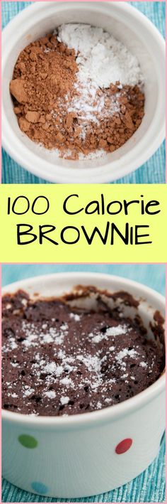 two pictures with different types of brownies in them and the words, 100 calorie brownie