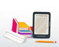 an electronic book next to some books and pencils