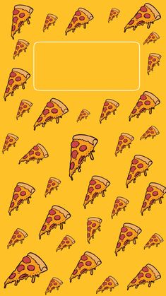 a group of slices of pizza sitting on top of a yellow background with a white rectangle in the middle