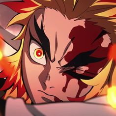 an anime character with red eyes and orange hair, looking at the camera while standing in front of flames