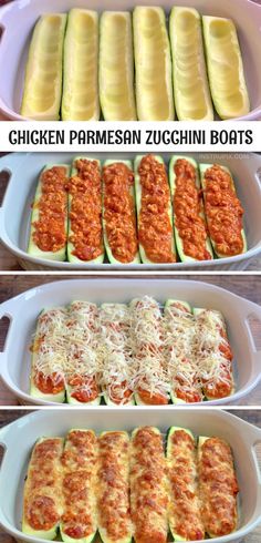 four images showing how to make chicken parmesan zucchini boats in the oven