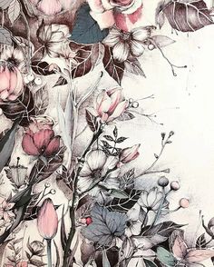 an artistic drawing of flowers and leaves on a white background with pink, blue, green, black and grey colors