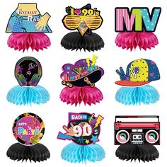 various party decorations including hats, boomboxes and radio cassettes are featured in this image