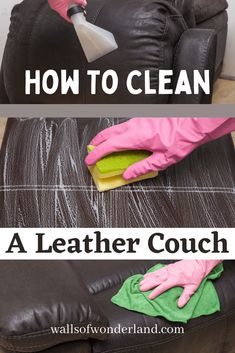 how to clean a leather couch with the help of a cleaning cloth and rubber gloves