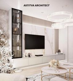 a living room decorated for christmas with white furniture and a large tv on the wall