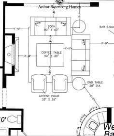 a floor plan for a living room with furniture and kitchen area in the center, as well as a bar