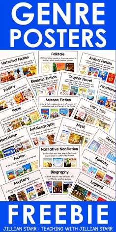 Genre Posters: I love encouraging my students to explore a variety of genres, but sometimes that means I need to explicitly teach them about the genres first! With images of REAL books, These FREE genre posters are the perfect visual to do just that! Hang the posters in your classroom library or on your reading or literacy focus wall. They're a great addition to any elementary classroom! #genreposters #classroomdecor #anchorcharts Library Curriculum Elementary, Free Genre Posters, Genres Anchor Chart, Genre Lessons, Teaching Genre, Librarian Ideas, Reading Genres, Genre Posters, Library Lesson Plans