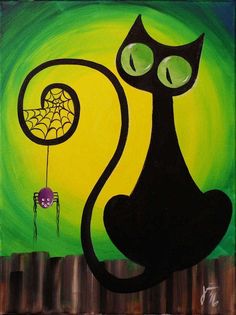 a painting of a black cat with green eyes and a spider web hanging from it's tail