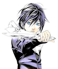 an anime character with blue eyes and black hair holding a knife in one hand while looking at the camera