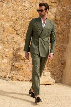 Double Breasted Coat Outfit, Green Double Breasted Suit, Wedding Guest Outfit Men, Office Old Money, Gents Style, Pini Parma, Green Suit Men, Green Wedding Suit