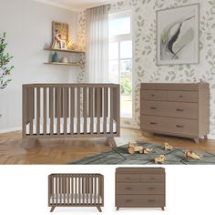 a baby crib and dresser in a room