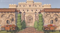 a drawing of a castle with flowers in the foreground and an old carriage on the front