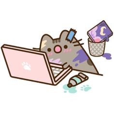 a cat laying on top of a laptop computer next to an icecream cup