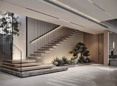 an indoor staircase with plants and potted trees in the center is lit by recessed lighting